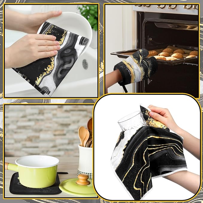 Leinuosen 8 Pcs Black Marble Kitchen Decor Dish Towels and Oven Mitts Sets Pot - Image 6