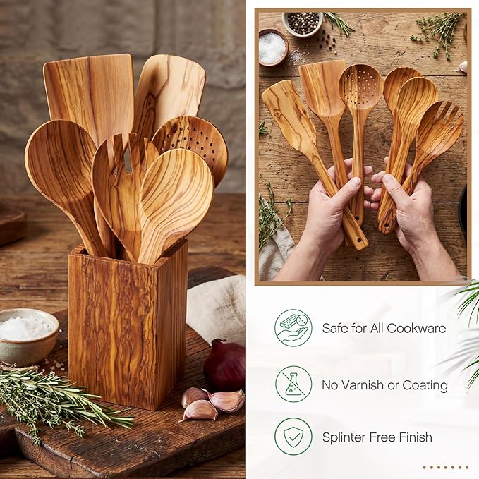 Qinyoung 10 Pack Olive Wood Cooking Utensils Olive Wood Kitchen Utensils Mixing - Image 3