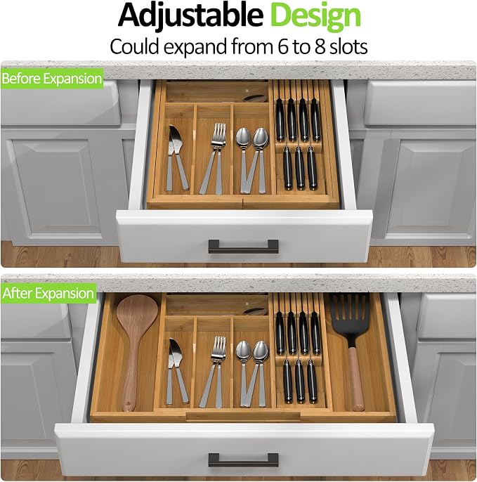 Bamboo Kitchen Drawer Organizer, Expandable Silverware Organizer - Image 3