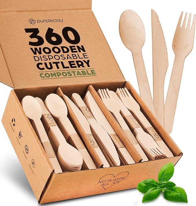 PURPLECLAY Wooden Disposable Utensils Set, Plastic-Free Cutlery by Purpleclay
