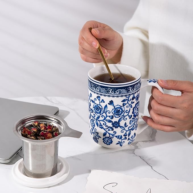 AmorArc Porcelain Tea Mug with Infuser and Lids, 18 Oz Coffee Cup Strainer with - Image 6