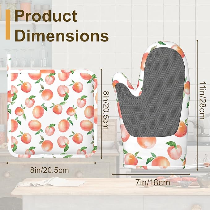 Watercolor Peaches Oven Mitts and Pot Holders Sets, Silicone Kitchen Mitts - Image 2