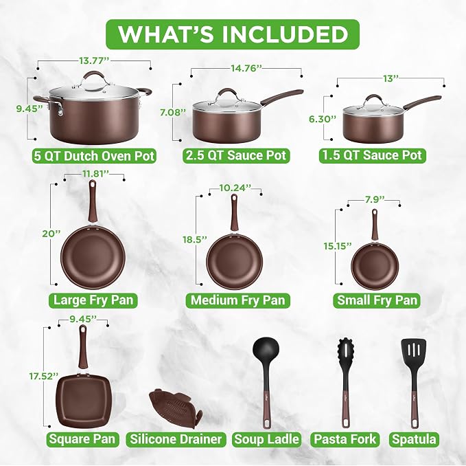 NutriChef 14-Piece Nonstick Brown Cookware Set - Image 4