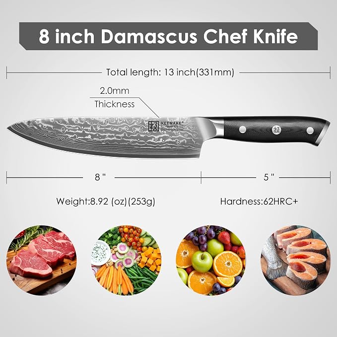 KEEMAKE Damascus Chef Knife, 8 Inch Kitchen Knife, 67 Layers Damascus Knife - Image 2