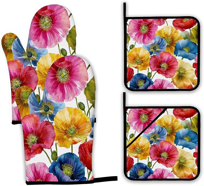 Poppy Flower Oven Mitts and Pot Holders by Unknown