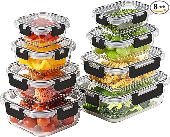 8 Pack Borosilicate Glass Food Storage Containers by HOMBERKING