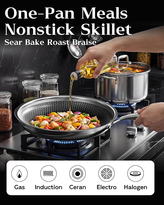 Frying Pan Nonstick With Lid, 8 Inch Non Stick Induction Cookware, Stainless - Image 4