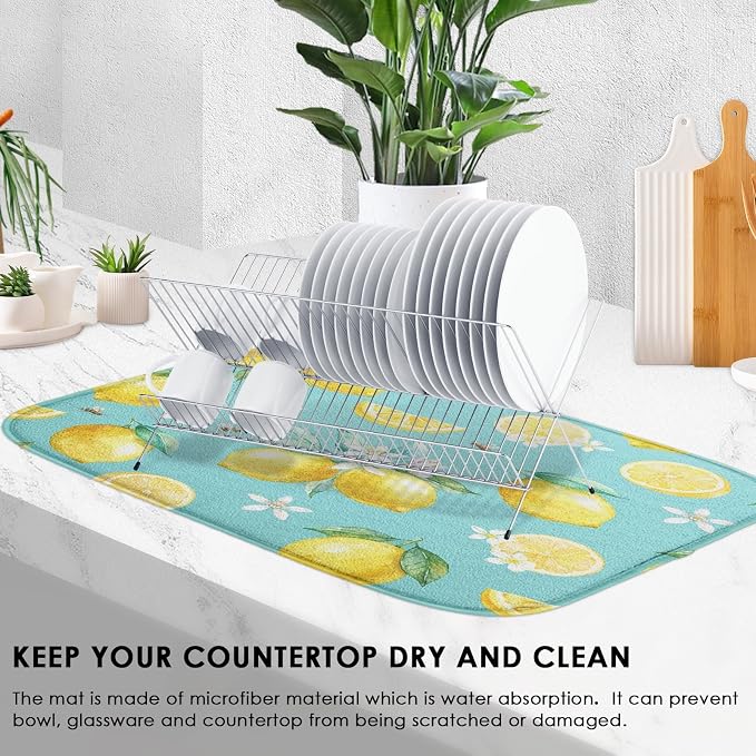 Sanwarm Absorbent Dish Drying Mat, Watercolor Lemons Yellow Fruit Lime - Image 4