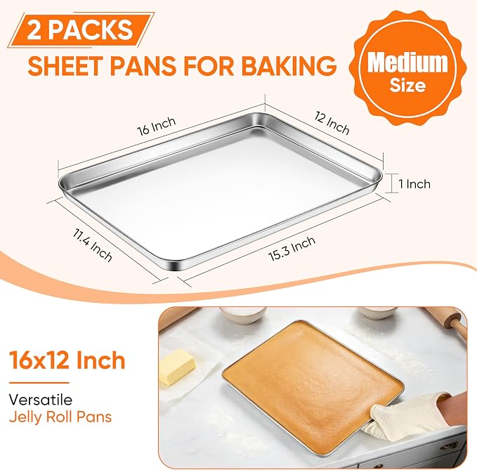 LIANYU 2 Pack Cookie Sheets for Baking, Stainless Steel Baking Tray Pan - Image 2