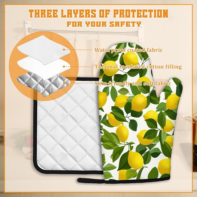 Lemon Oven Mitts and Pot Holders Set, Kitchen Decor Heat Resistant Non Slip Hot - Image 3