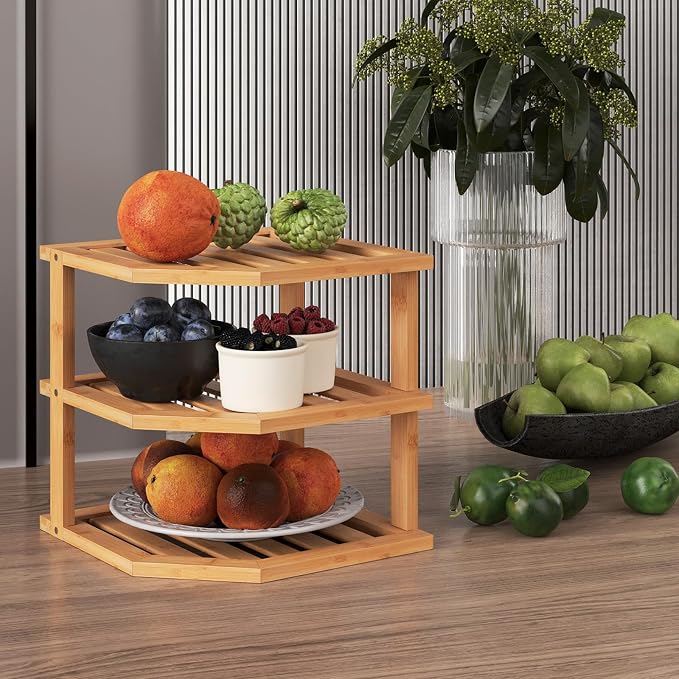 VERTORGAN 3 Tier Bamboo Corner Shelf, Plate Organizer, Dish Drying Rack - Image 2