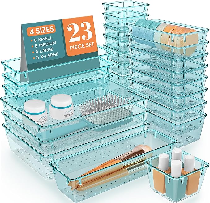 StorMiracle 28 PCS Clear Plastic Drawer Organizers Set, 4 Size Desk Drawer by StorMiracle