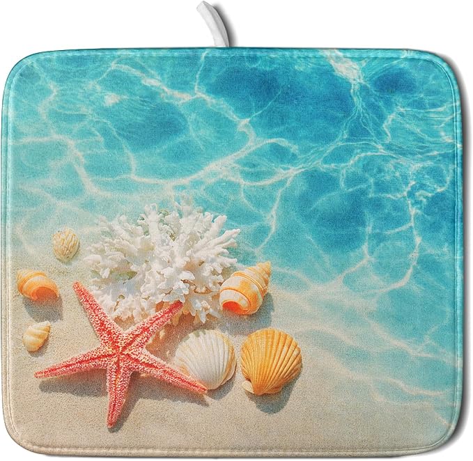 Giwawa Coastal Starfish Dish Drying Mat 16"x18" Ocean Blue Sea Coral Seashell by Giwawa