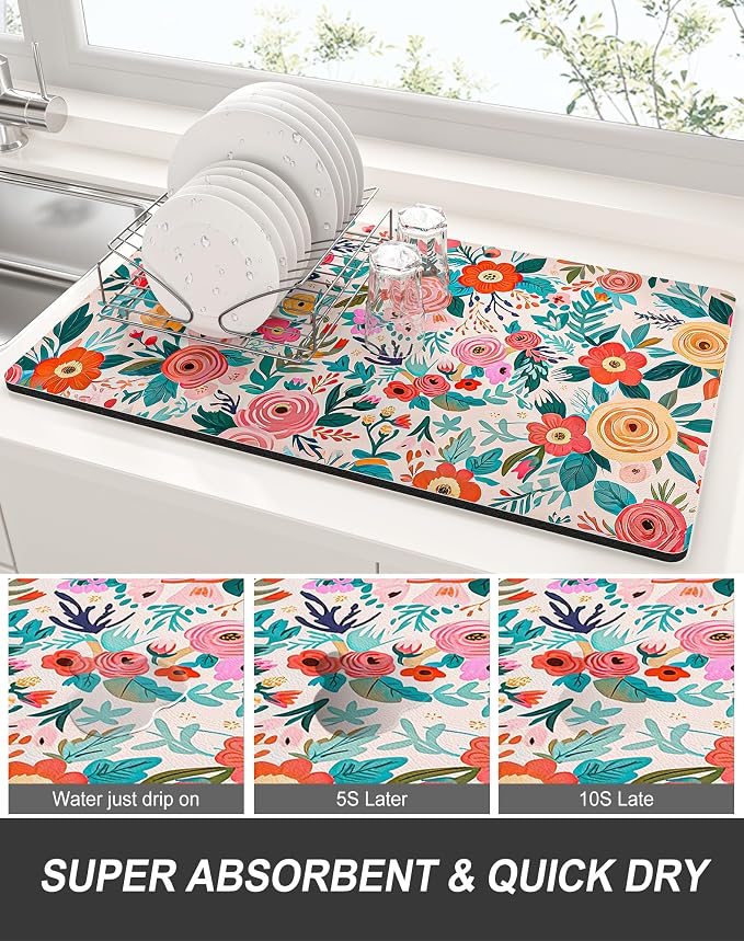 Rnivvi Dish Drying Mat for Kitchen Counter, 12 x 19" Cute Flower Super - Image 3