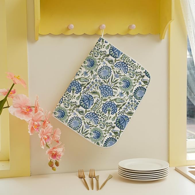 Boho Navy Blue Sage Green Dish Drying Mat 18x24 Inch Vintage Floral Drying Mat - Image 5