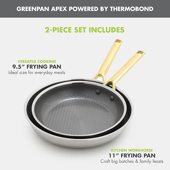 GreenPan Hybrid 9.5” & 11” Nonstick Stainless Steel Frying Pan Set, APEX - Image 4
