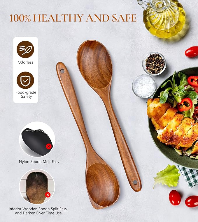 2Pcs Wooden Spoons for Cooking, Natural Premium Teak Wood Spoon & Corner Spoon - Image 5