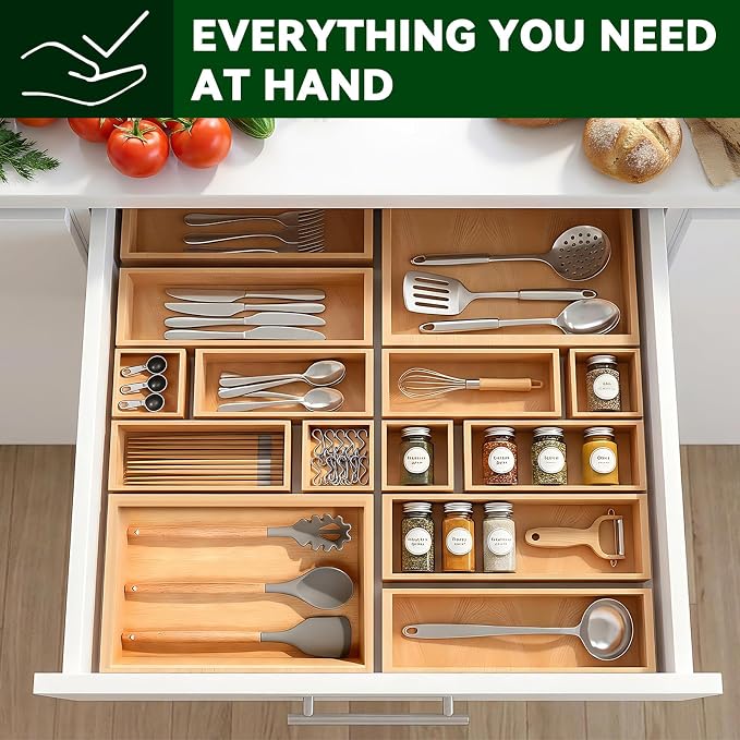 Bamboo Drawer Organizer 7 Pcs for Kitchen Multi-purpose Storage Dividers for - Image 5