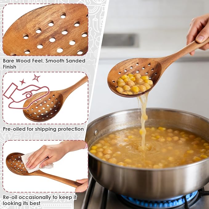 HOWHONG Slotted Spoon Wooden Cooking Utensil, Long Handle Acacia Wood Spoon - Image 3