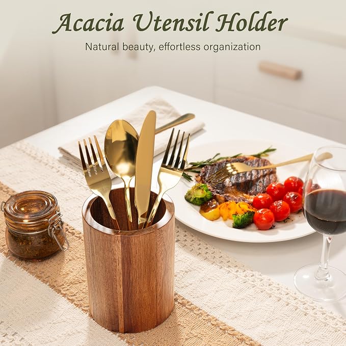 Criusia Utensil Holder 2 Pack, 360° Rotating Acacia Wood Cooking Utensil Crocks - Image 8