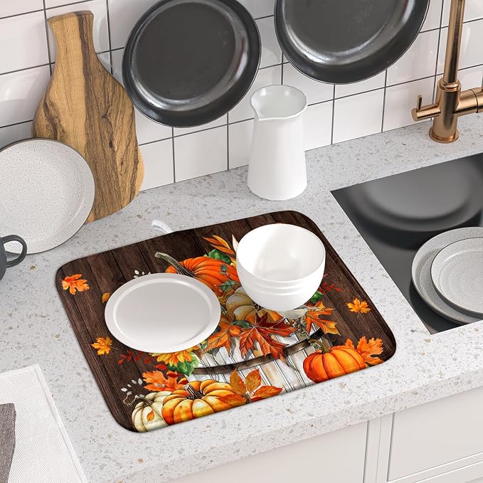 Fall Pumpkin Dish Drying Mat for Kitchen Counter Decor 16x18 Inch Halloween - Image 6