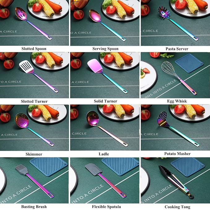 Rainbow Kitchen Utensils Set, 13 Pieces Stainless Steel Cooking Utensils Set - Image 6