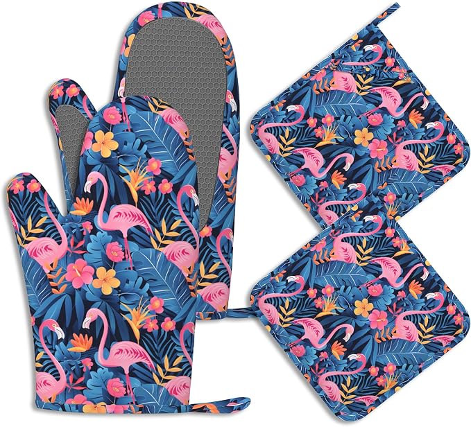 Oven Mitts and Pot Holders Sets Flamingo Tropical Flower Silicone Kitchen Mits by BIGXIUKA