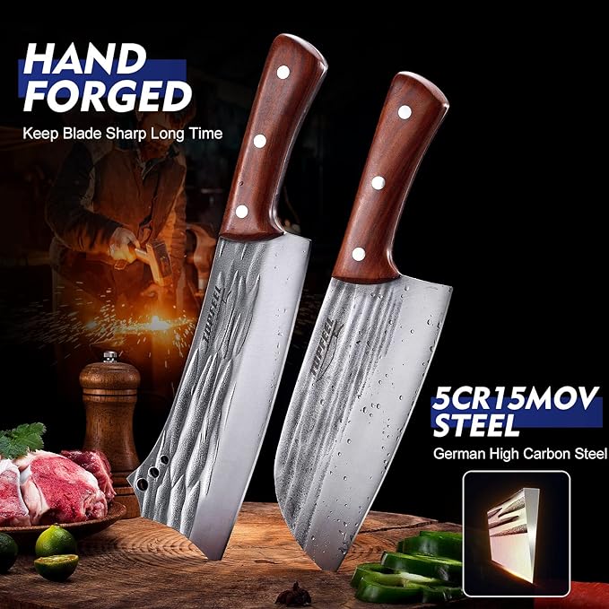 Topfeel 2PCS Meat Cleaver & Heavy Duty Bone Chopper Knife Set, Hand Forged - Image 4