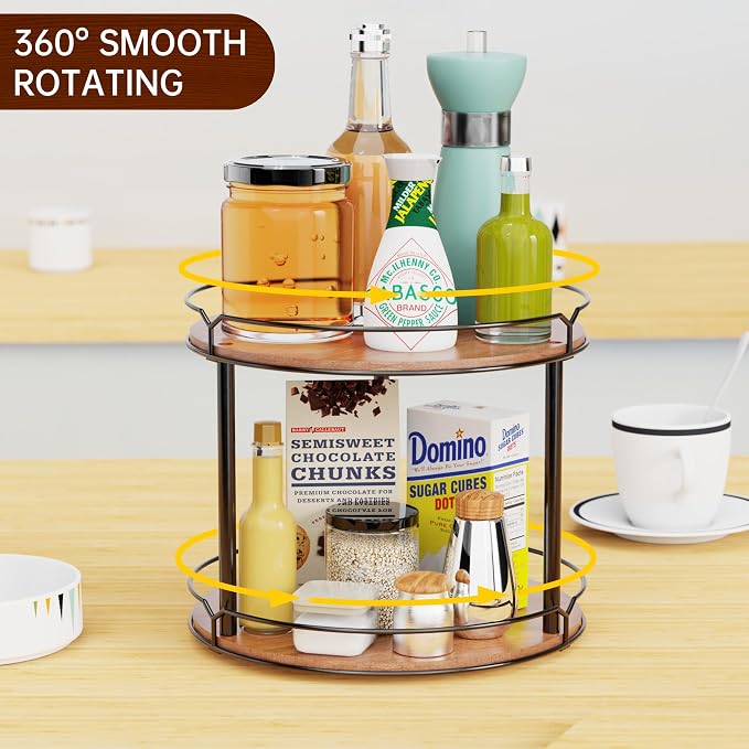 12.4" Lazy Susan Organizer 2 Tier, Rotating Spice Rack, Wooden Spinning Spice - Image 8