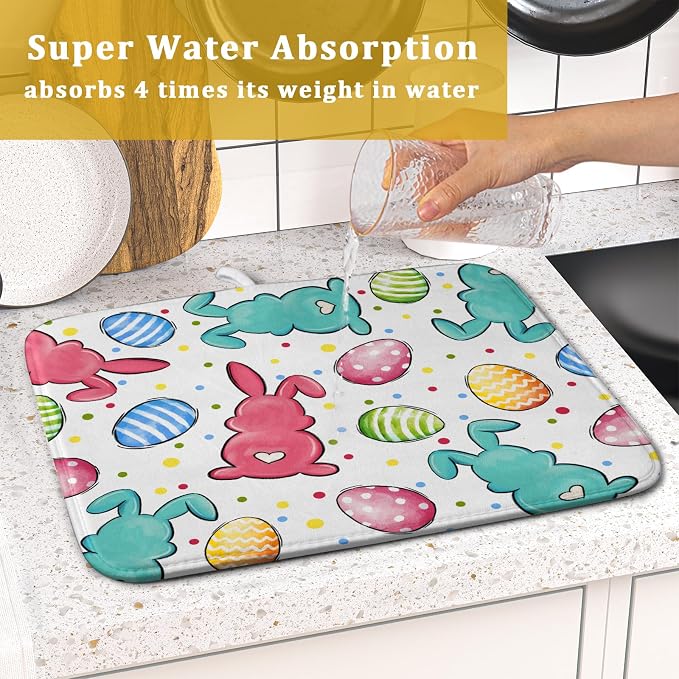 Easter Dish Drying Mat for Kitchen Counter Colorful Bunny Holiday Microfiber - Image 6