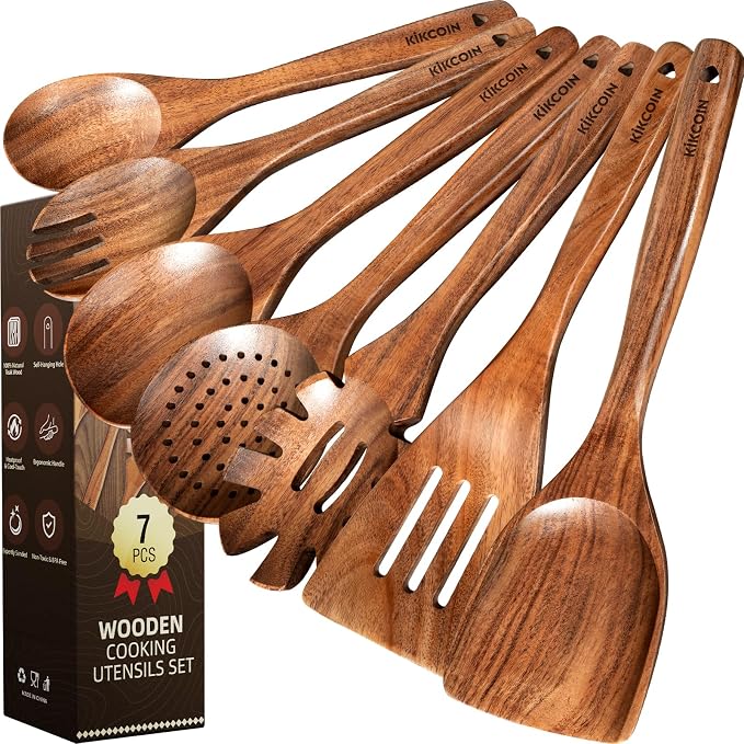 Kikcoin 7 PCS Durable Natural Teak Wooden Cooking Utensils Set, Non Toxic by Kikcoin