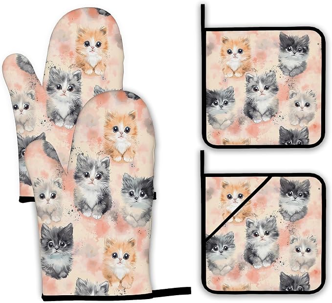 Cute Cat Oven Mitts and Pot Holders, Heat Resistant Oven Mitts Gloves and Pot by Unknown