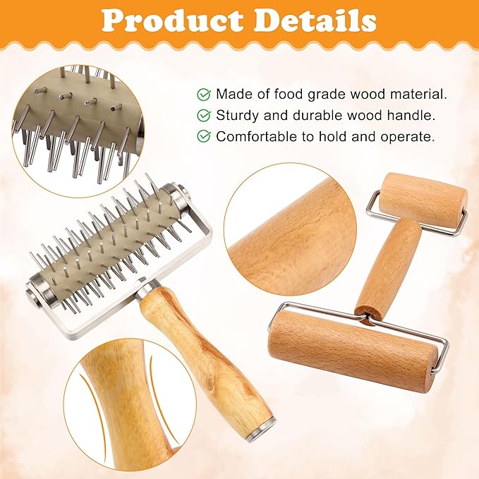 2Pcs Pizza Dough Roller & Dough Docker, Wood Rolling Pin Stainless Steel Dough - Image 3