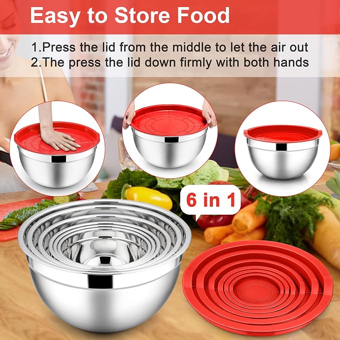 E-far Mixing Bowls with Lids, 12-Piece Stainless Steel Salad Bowls Metal - Image 7