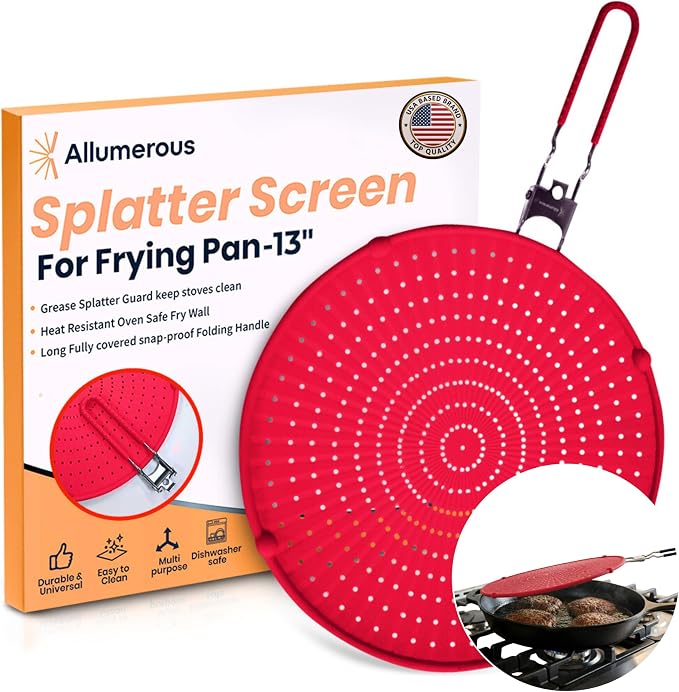 Silicone Splatter Screen for Frying Pan, 13” Red – Grease & Oil Splatter Guard by Allumerous