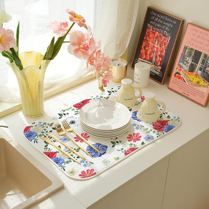 Blue Red Floral Dish Drying Mats 18x24 Inch Independence Day Flower Drying Mats - Image 5