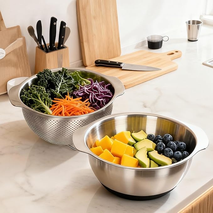 304 Stainless Steel Colander, 5 QT Large Capacity and 5QT Mixing Bowl, 2mm - Image 3