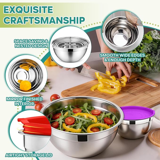E-far Mixing Bowls With Lids Sets of 5, 10-Piece Stainless Steel Salad Metal - Image 3
