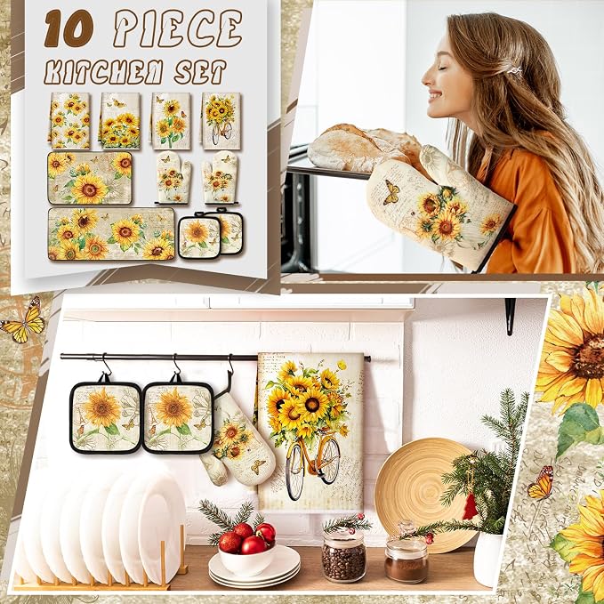 Fourluoo 10 Pcs Sunflower Kitchen Dish Towels Rugs Oven Mitts and Pot Holders - Image 2