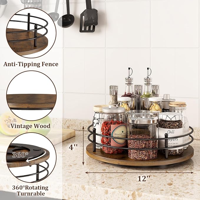 12" Lazy Susan Turntable Organizer, Round Wooden Lazy Susan Organization and - Image 3