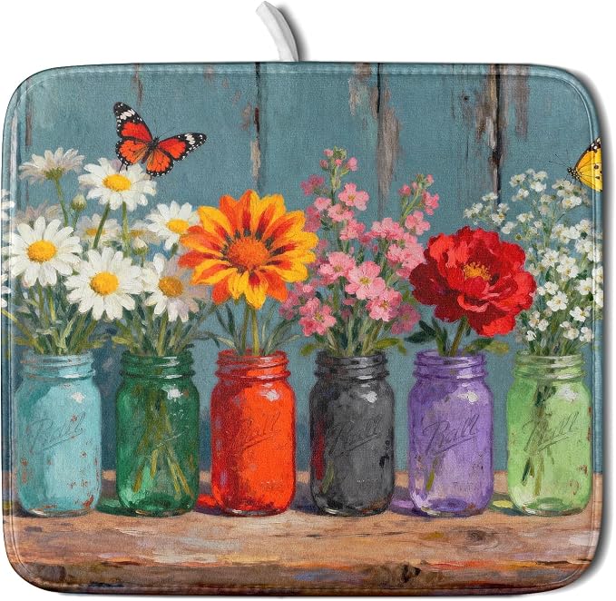 Small Dish Drying Mat for Kitchen Counter 16x18, Spring Summer Floral by Aytipun