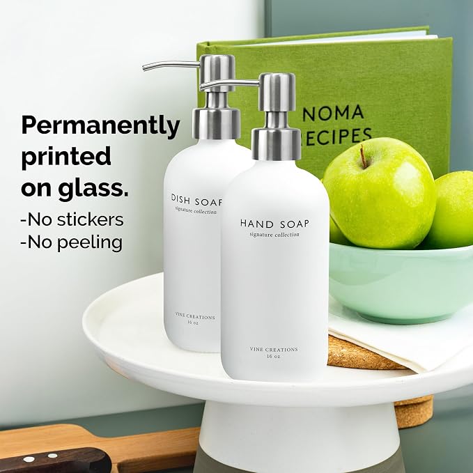 Vine Creations White Glass Soap Dispenser Set, Dish Soap and Hand Soap - Image 3