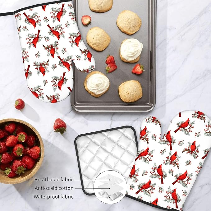 Christmas Cardinal Birds Oven Mitts and Pot Holders Sets of 3, Cardinal Birds - Image 7