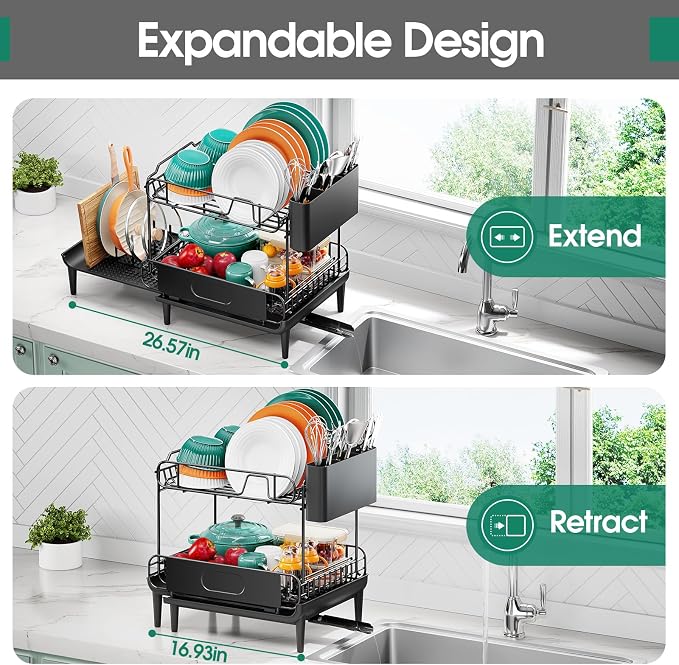 Urackify Dish Drying Rack for Kitchen Counter, Expandable 2 Tier Dish Rack - Image 2