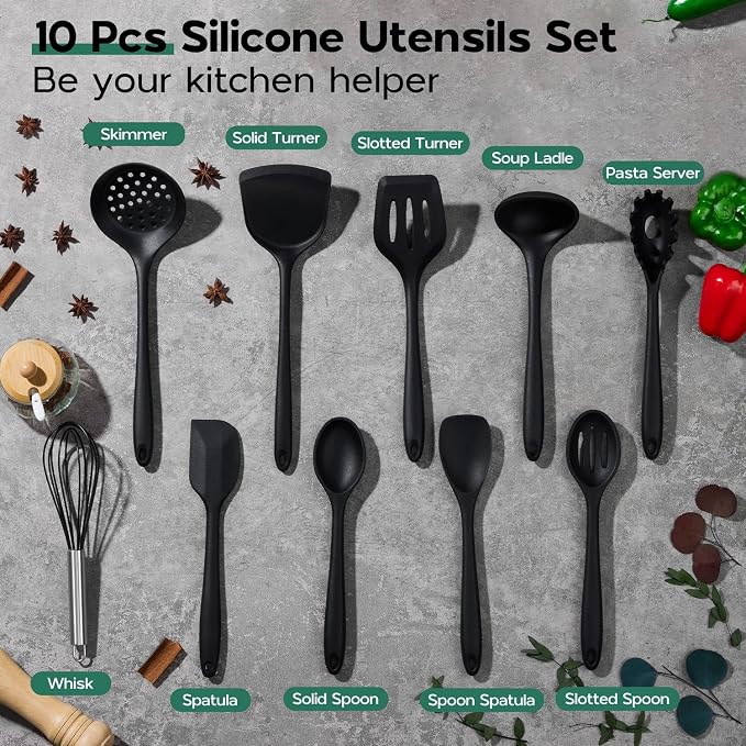 Onader Silicone Cooking Utensils Set, 10 Pieces Black Kitchen Utensils - Image 2