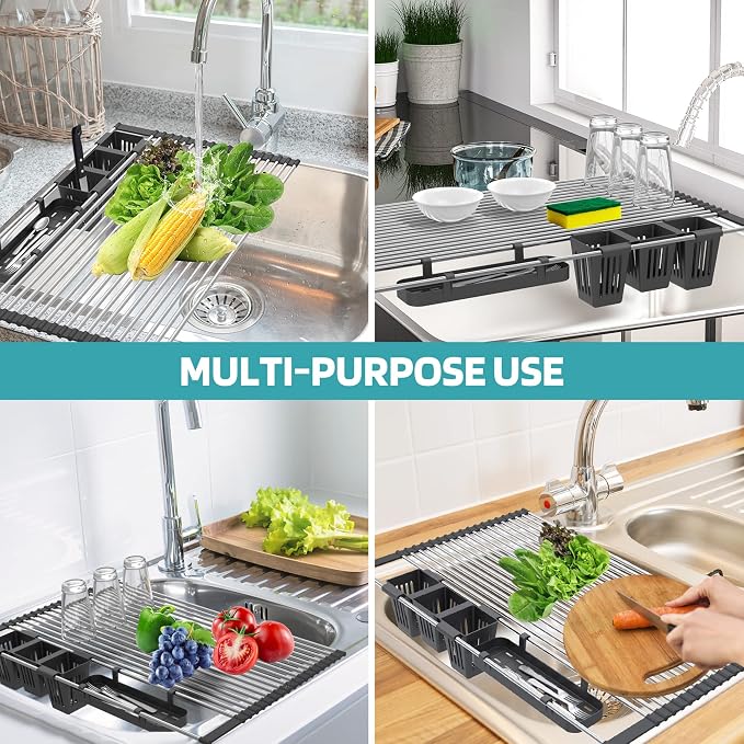 Extra Large Black Expandable Roll Up Dish Drying Rack Up to 25.1''with 2 - Image 7