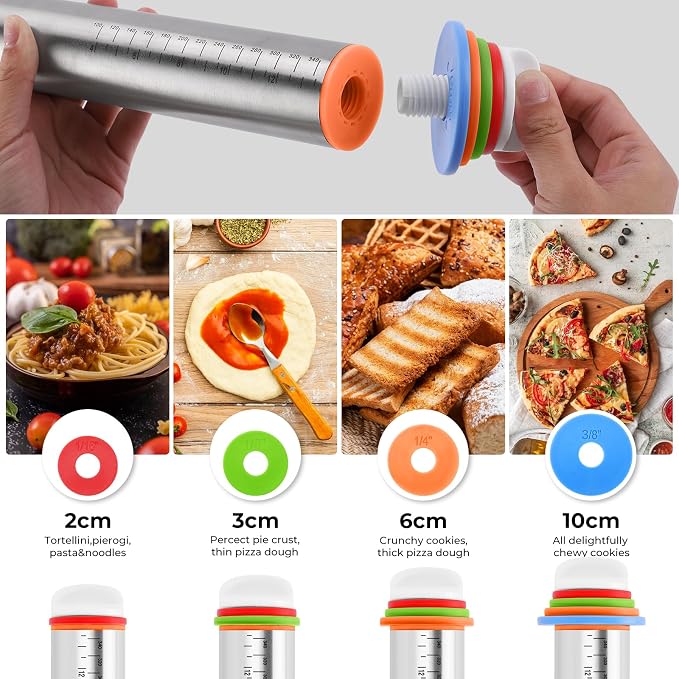 Rolling Pin with Adjustable Thickness Rings and Silicone Baking Pastry Mat Set - Image 7