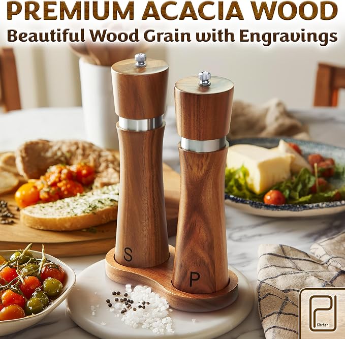 Salt and Pepper Acacia Wood Grinder Set - 60 g / 2 oz each - Tall Modern Mill - Image 6