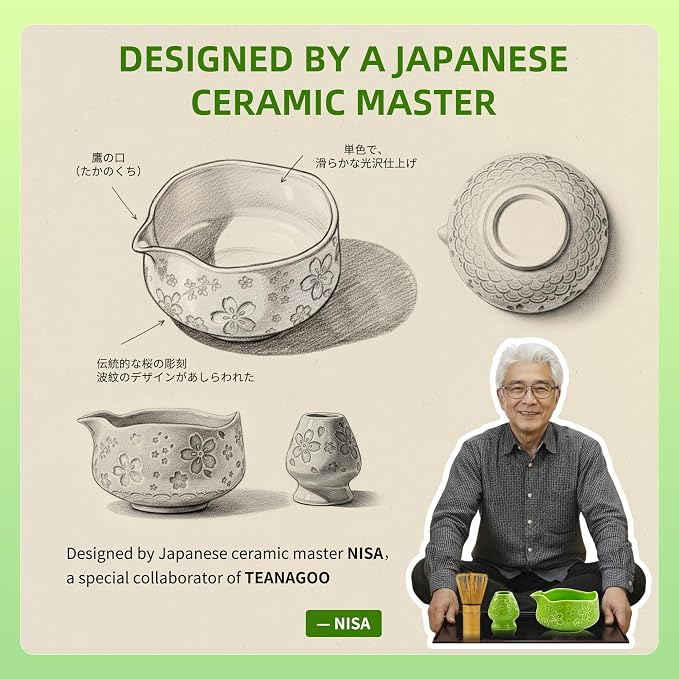 TEANAGOO 7-PCS Green Matcha Whisk Set, Complete Ceremony Start Kit, Ceramic - Image 2