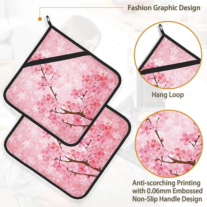 Pink Blooming Cherry Blossoms Pot Holder Set of 2, Heat Resistant Potholders - Image 4